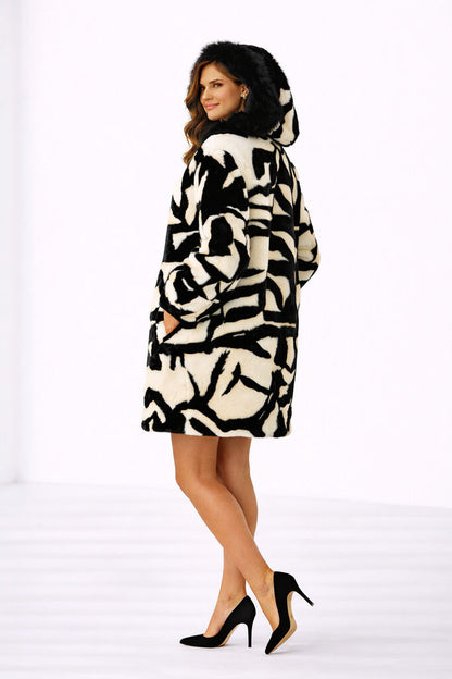 Black Abstract Reversible Coat with Fur Trim