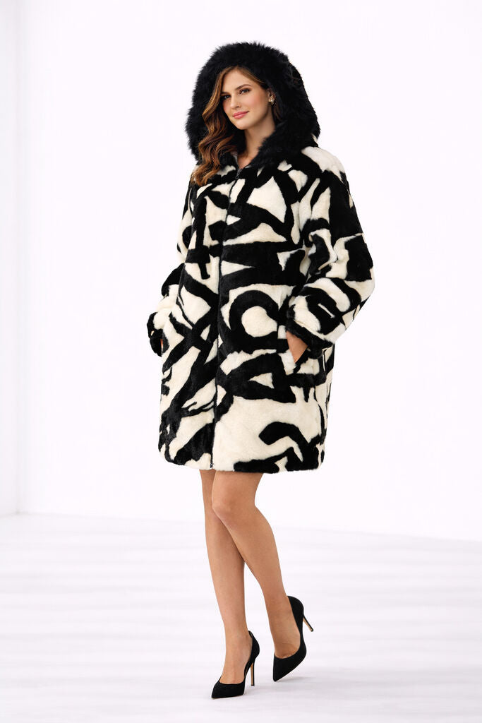 Black Abstract Reversible Coat with Fur Trim