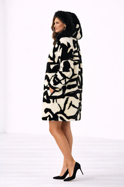 Black Abstract Reversible Coat with Fur Trim