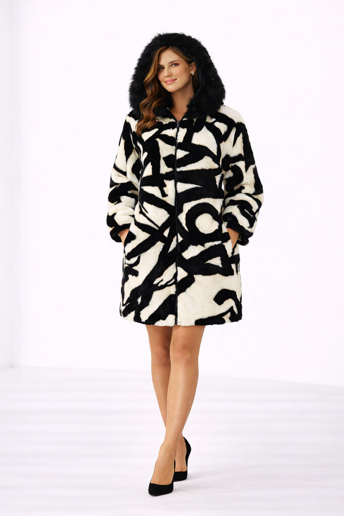 Black Abstract Reversible Coat with Fur Trim