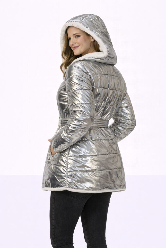 Silver Reversible Hooded Coat with Belted Waist