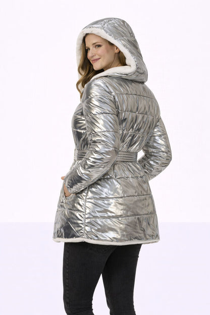 Silver Reversible Hooded Coat with Belted Waist