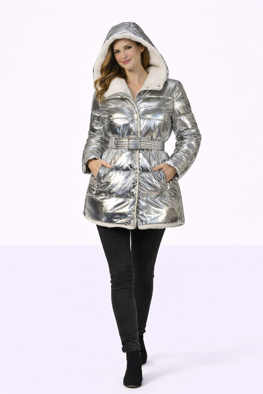 Silver Reversible Hooded Coat with Belted Waist