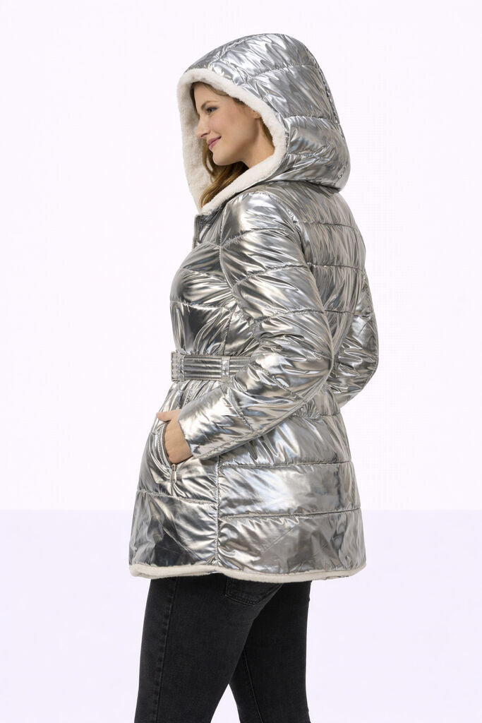Silver Reversible Hooded Coat with Belted Waist