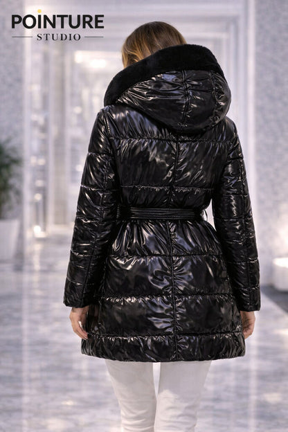 Black Glossy Reversible Hooded Coat