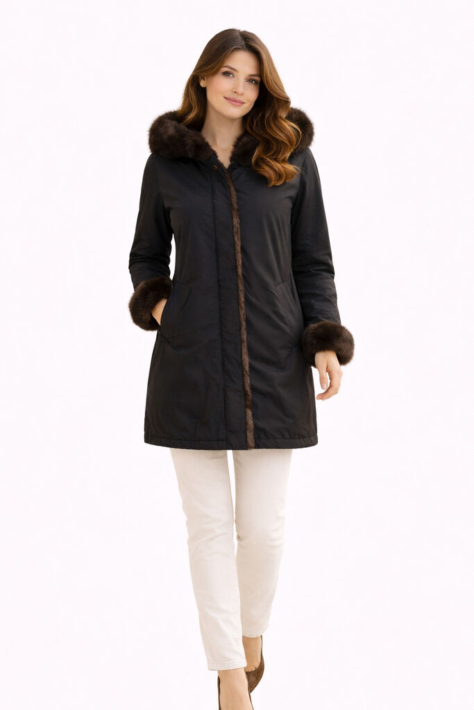 Black Reversible Parka with Fur Trim