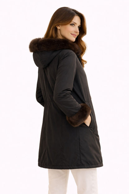 Black Reversible Parka with Fur Trim