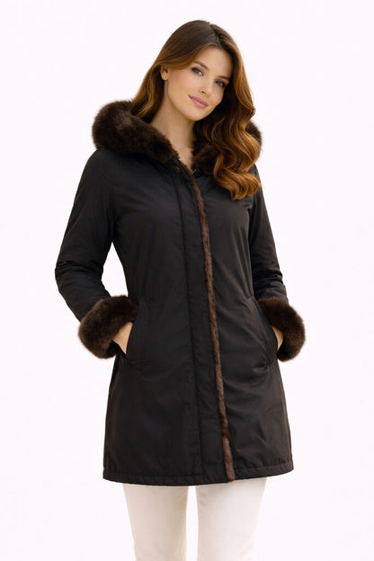 Black Reversible Parka with Fur Trim