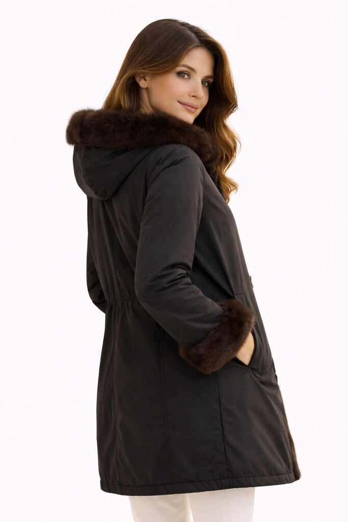 Black Reversible Parka with Fur Trim