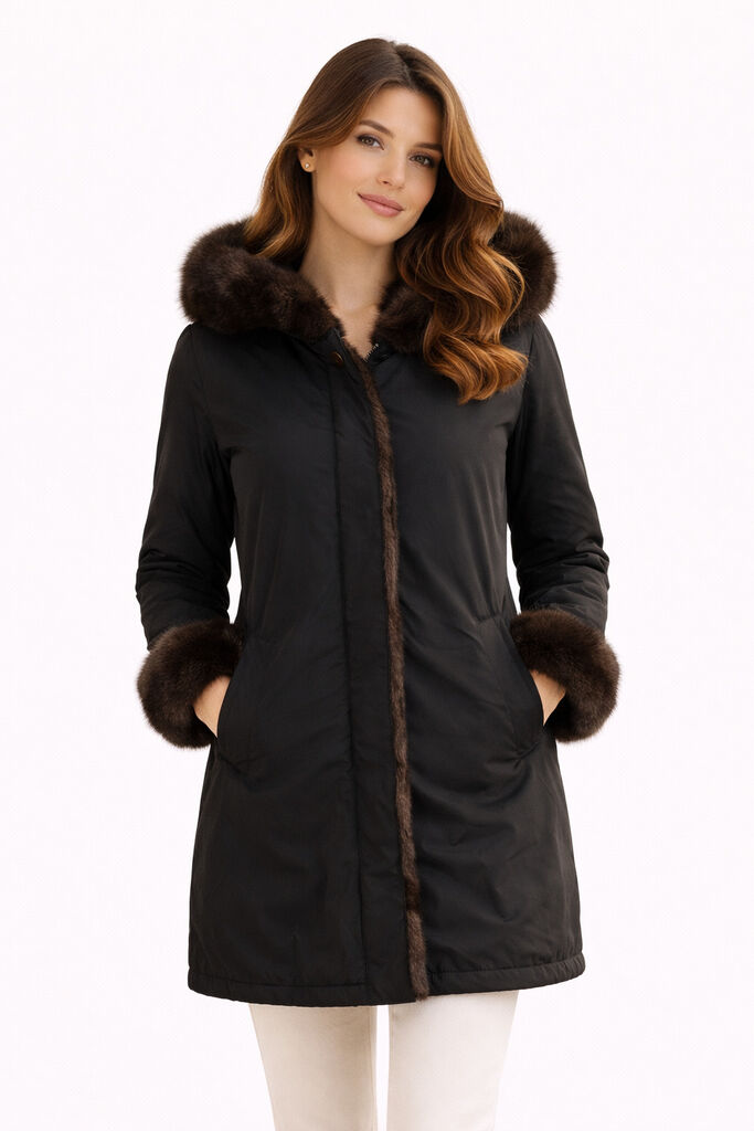 Black Reversible Parka with Fur Trim