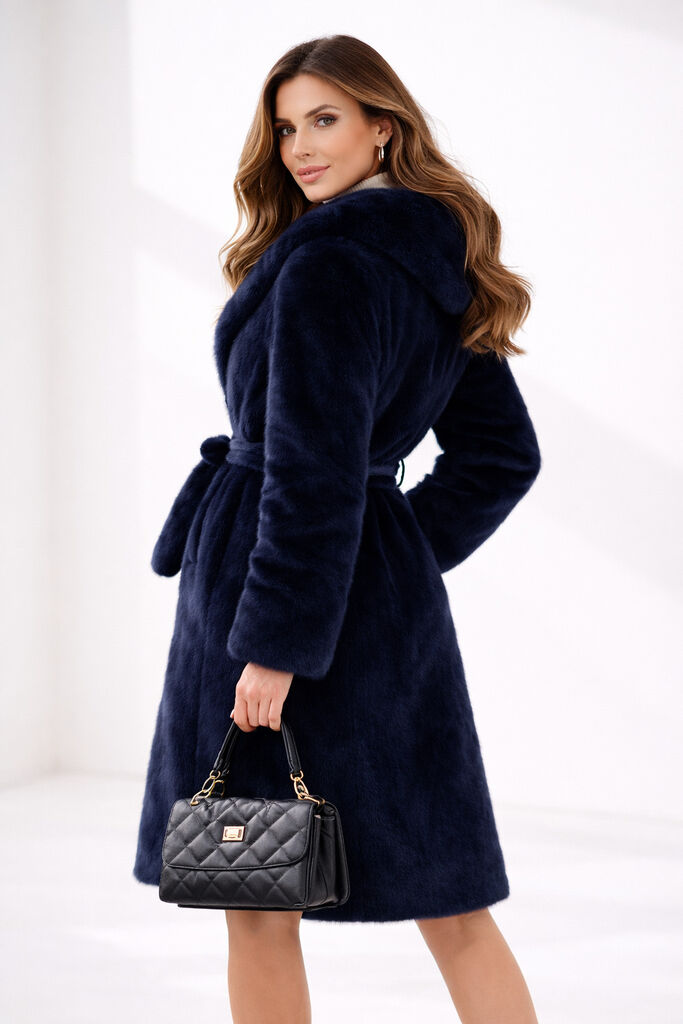 Reversible Dark Blue Textured Parka with Fur Detail