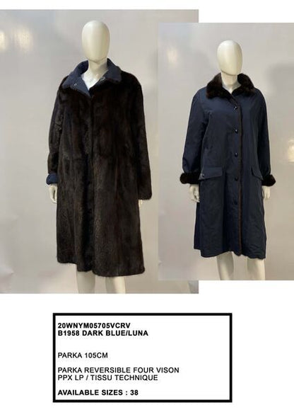 Reversible Dark Blue Textured Parka with Fur Detail