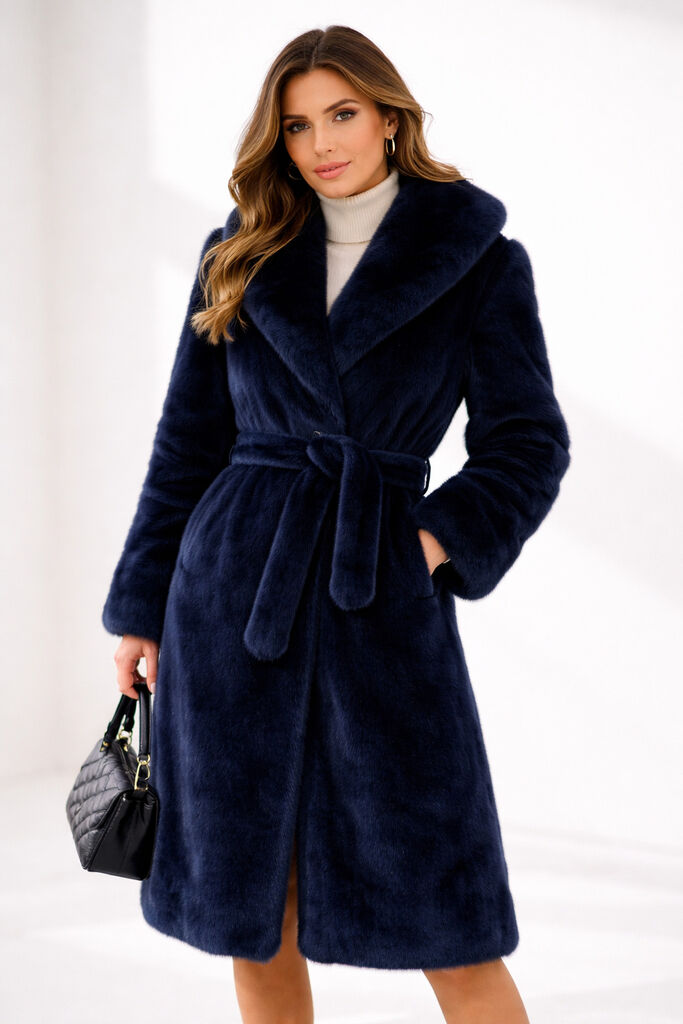 Reversible Dark Blue Textured Parka with Fur Detail