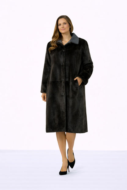 Herbal Tea/Noir Reversible Parka with Fur Trim
