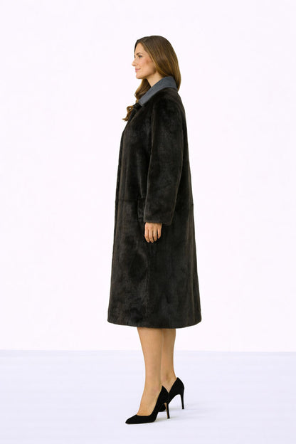 Herbal Tea/Noir Reversible Parka with Fur Trim