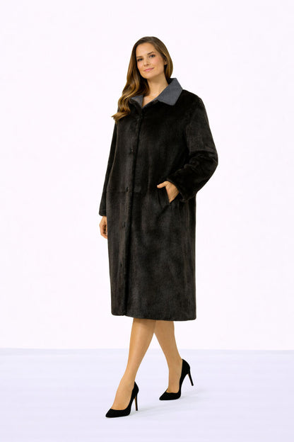 Herbal Tea/Noir Reversible Parka with Fur Trim