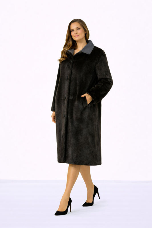 Herbal Tea/Noir Reversible Parka with Fur Trim