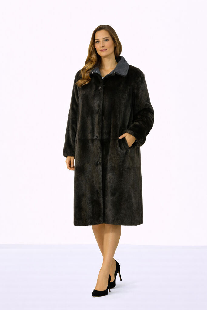 Herbal Tea/Noir Reversible Parka with Fur Trim