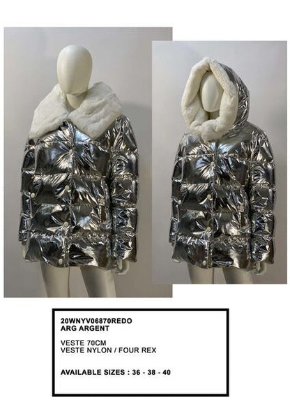Silver Metallic Puffer Jacket with Fur