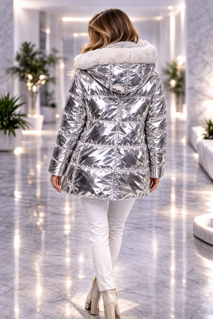 Silver Metallic Puffer Jacket with Fur