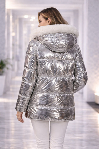 Silver Metallic Puffer Jacket with Fur