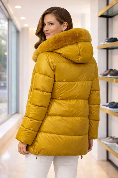 Mustard Quilted Jacket with Fur Hood