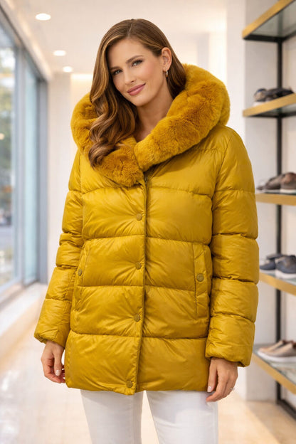 Mustard Quilted Jacket with Fur Hood