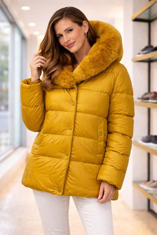 Mustard Quilted Jacket with Fur Hood