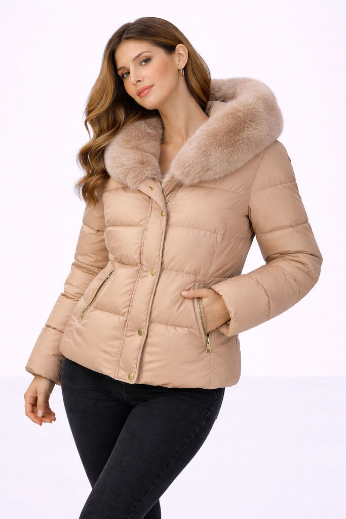 Nude Quilted Puffer Jacket with Plush Collar