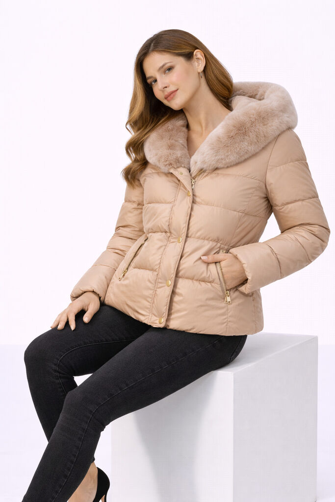 Nude Quilted Puffer Jacket with Plush Collar