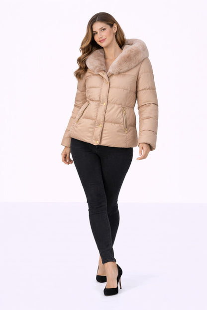 Nude Quilted Puffer Jacket with Plush Collar