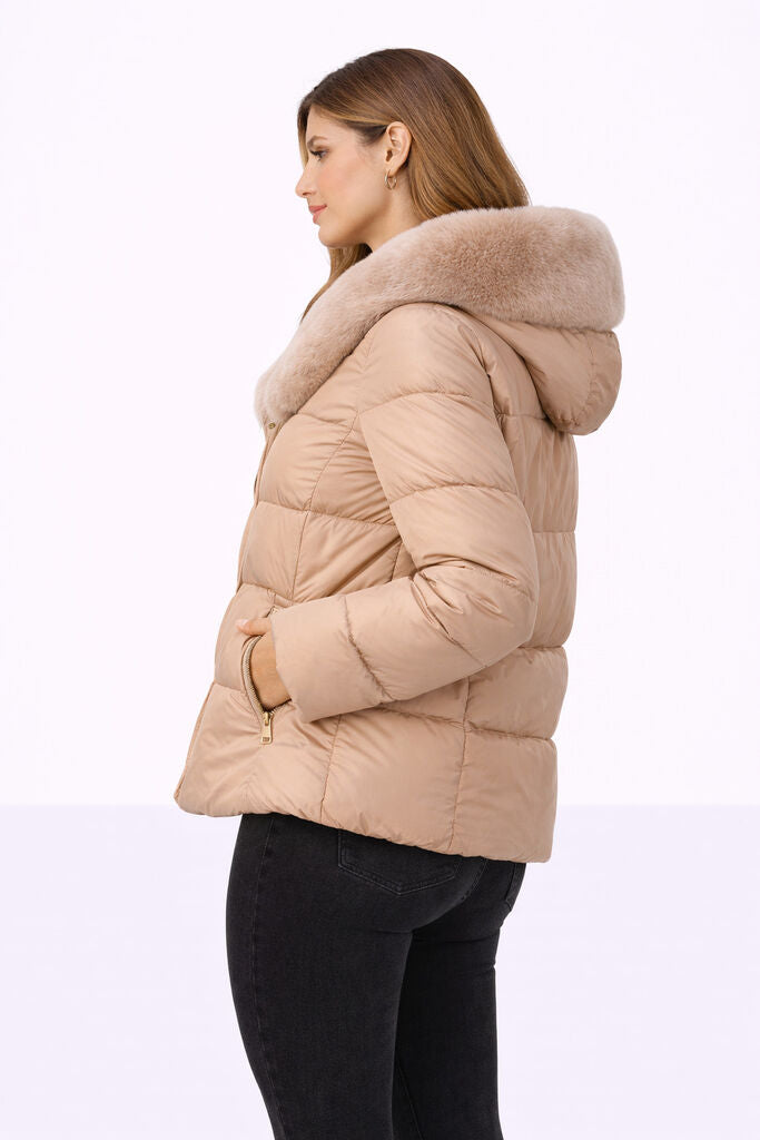 Nude Quilted Puffer Jacket with Plush Collar