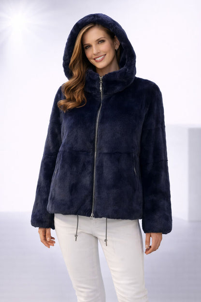 Dark Blue Reversible Hooded Jacket with Drawstring