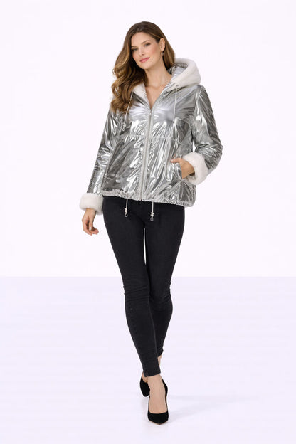 Reversible Silver Nylon and Fur Jacket