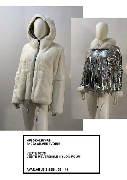 Reversible Silver Nylon and Fur Jacket