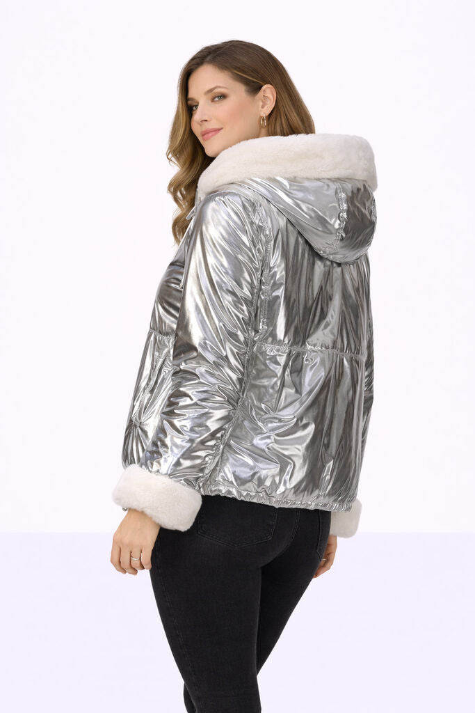 Reversible Silver Nylon and Fur Jacket