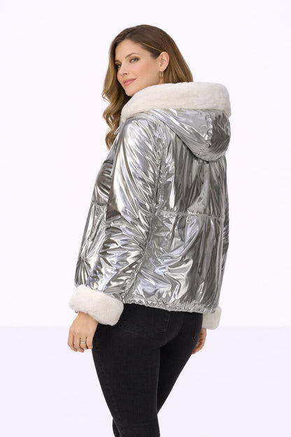 Reversible Silver Nylon and Fur Jacket