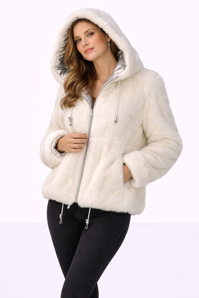 Reversible Silver Nylon and Fur Jacket