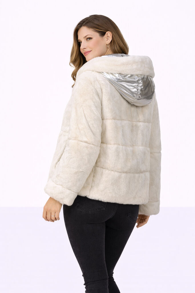 Reversible Silver Nylon and Fur Jacket