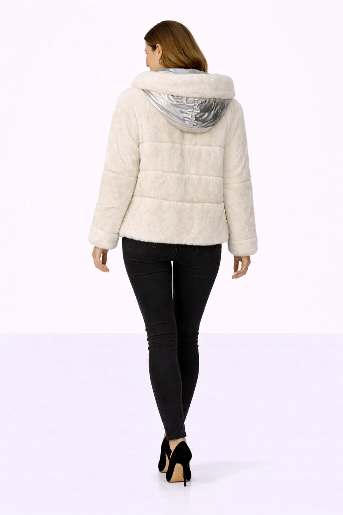 Reversible Silver Nylon and Fur Jacket