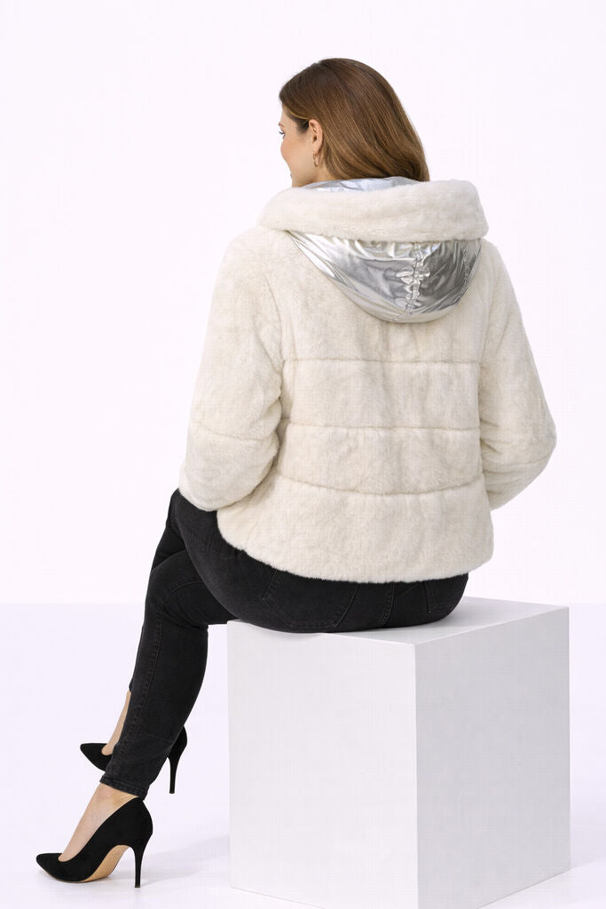 Reversible Silver Nylon and Fur Jacket