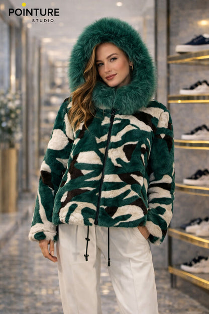 Green Reversible Jacket with Fur Trim
