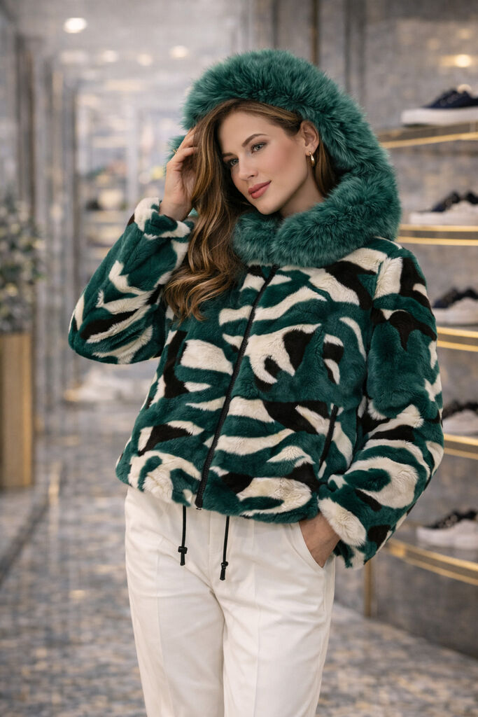 Green Reversible Jacket with Fur Trim