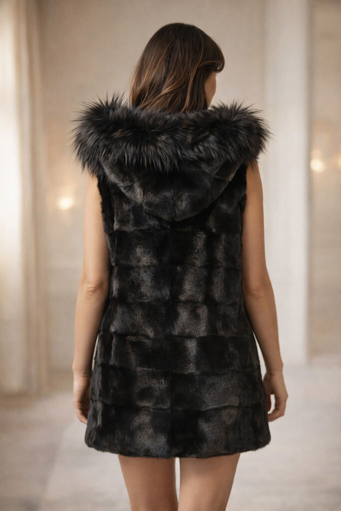 Black Fur Hooded Vest