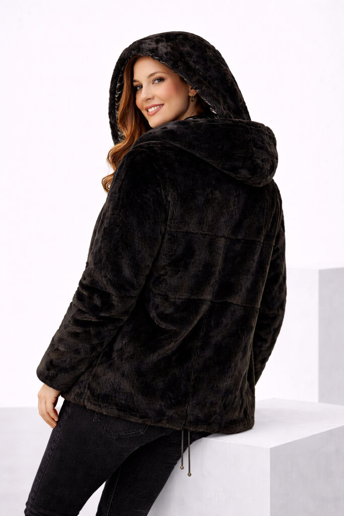Black Reversible Nylon and Fur Jacket with Hood