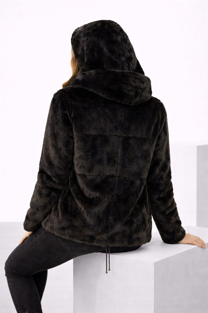 Black Reversible Nylon and Fur Jacket with Hood
