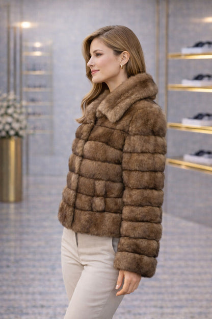 Taupe Textured Short Jacket with Plush Design