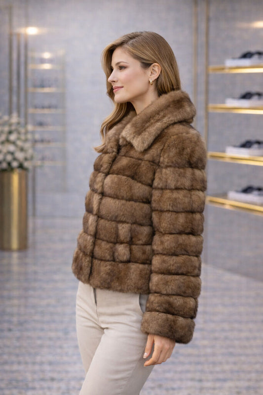 Taupe Textured Short Jacket with Plush Design