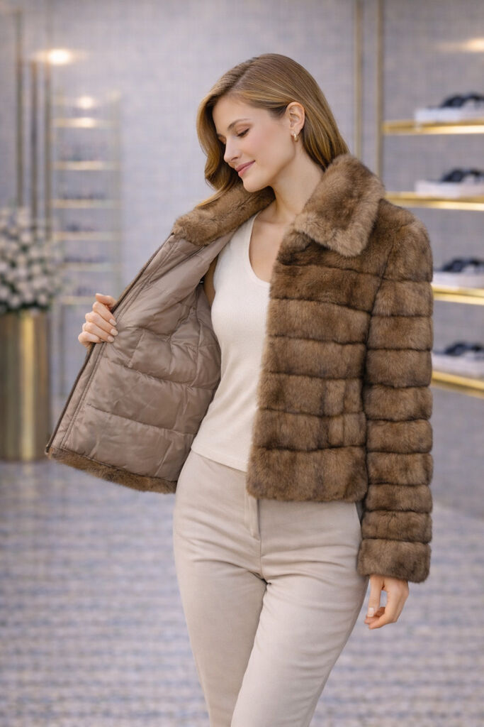 Taupe Textured Short Jacket with Plush Design