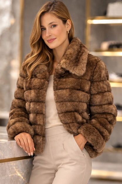 Taupe Textured Short Jacket with Plush Design